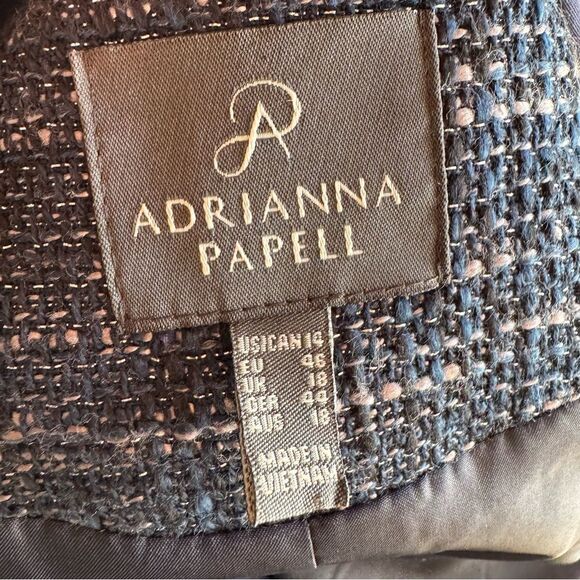 Adrianna Papell Navy Blue Tweed Blazer Size 14 Lady Jacket Open Preppy Old Money - Picture 7 of 9